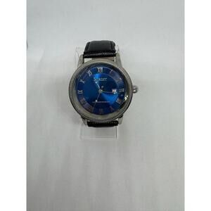 Stauer Urban Blue Watch Men Silver Tone Date 44mm Blue Dial Leather Excellent